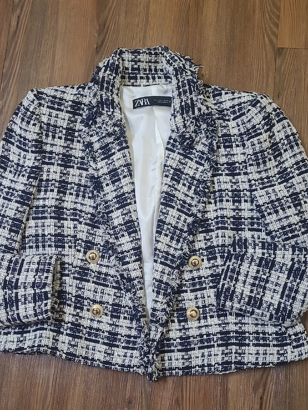 ZARA Navy and White Tweed Double-Breasted Crop Blazer